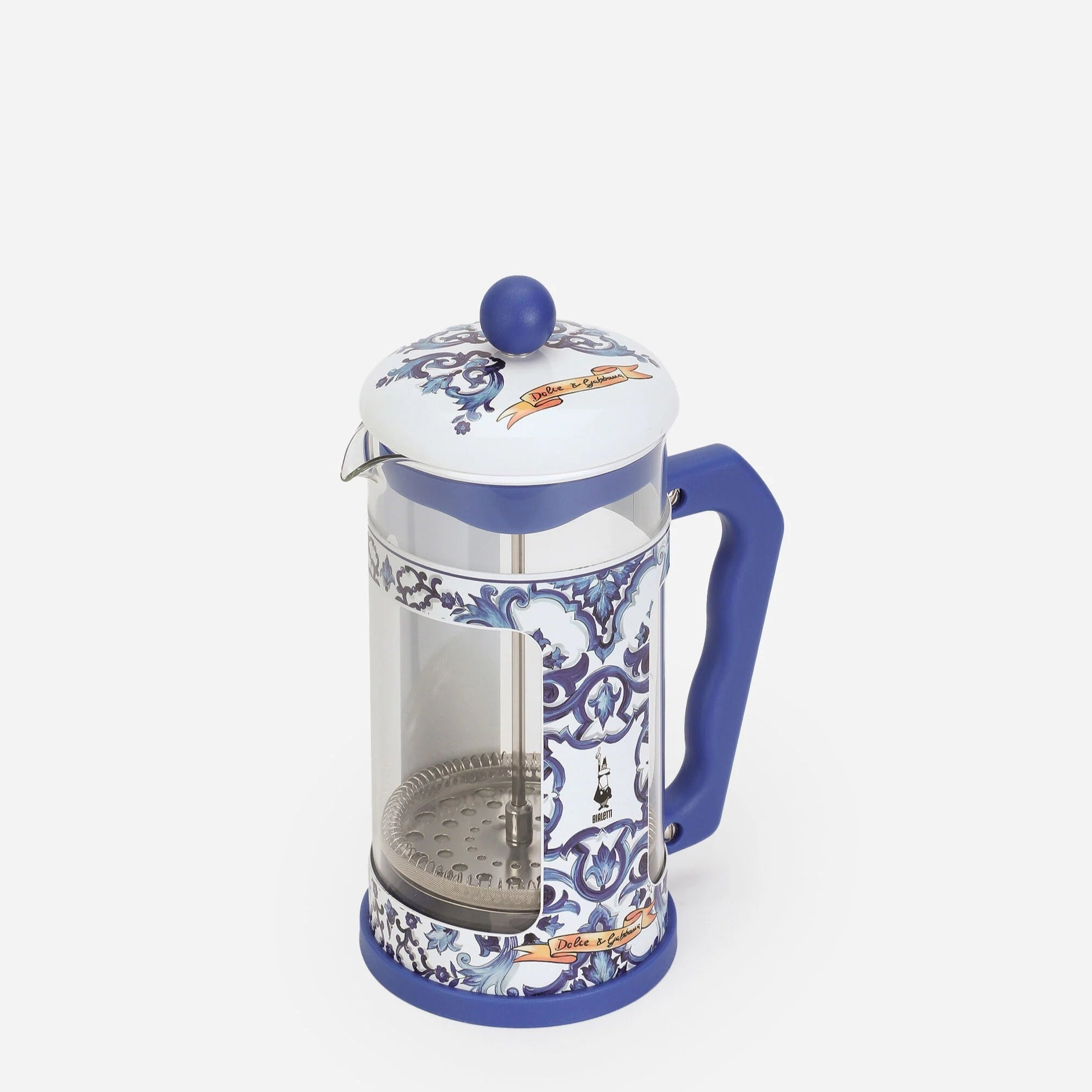 French press with blue and white floral design on a white background